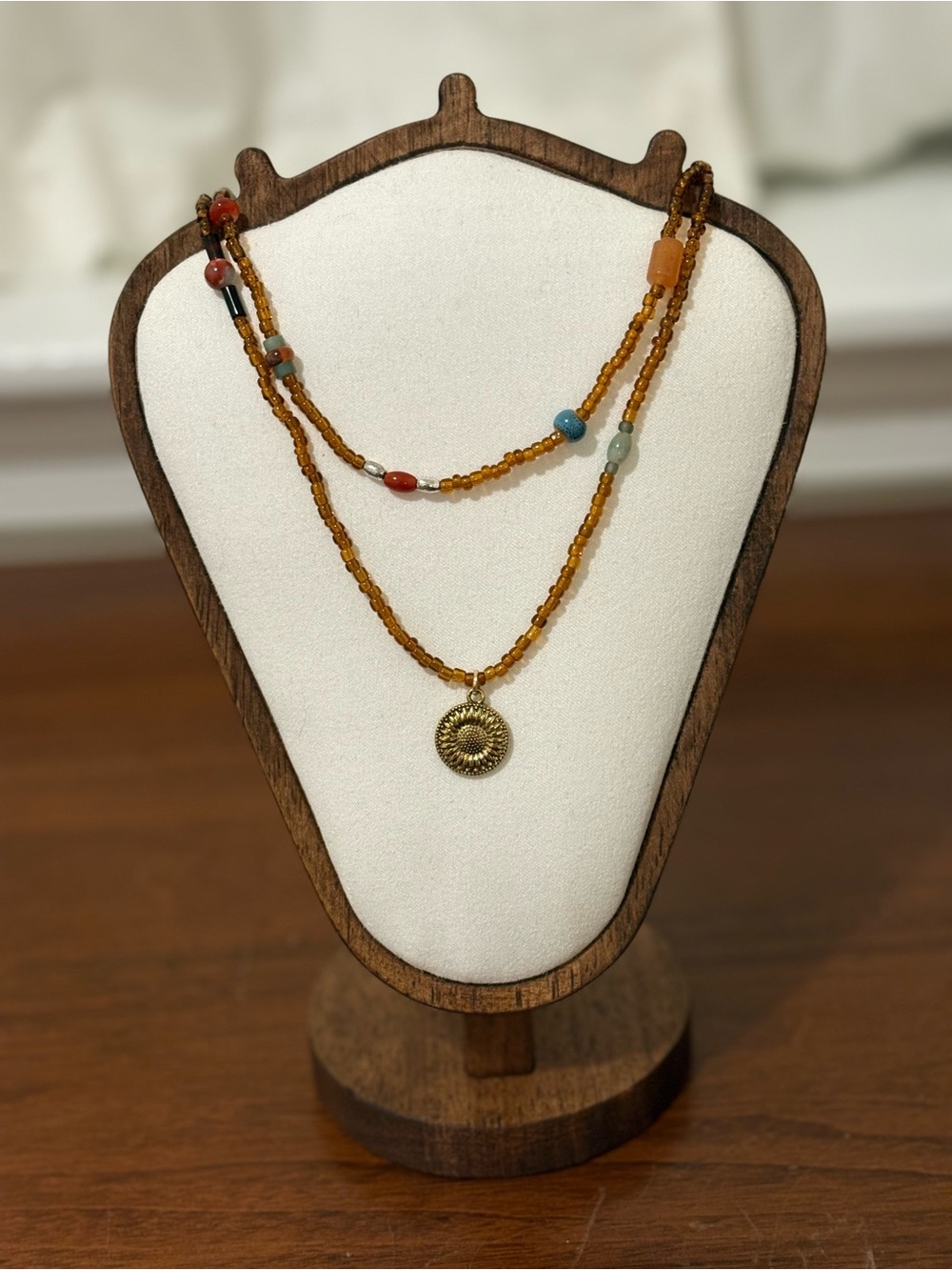 Beaded Gold-Tone Sun Medallion Necklace - Amber Multicolor